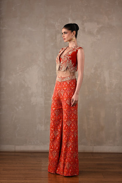 Embellished Silk Waistcoat & Pochampally Pants Set