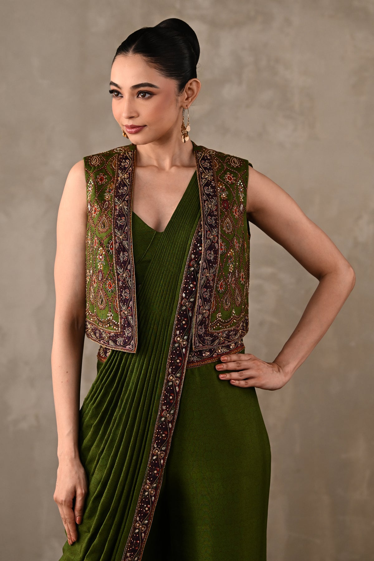 Printed Embellished Drape Pants & Cropped Jacket Set