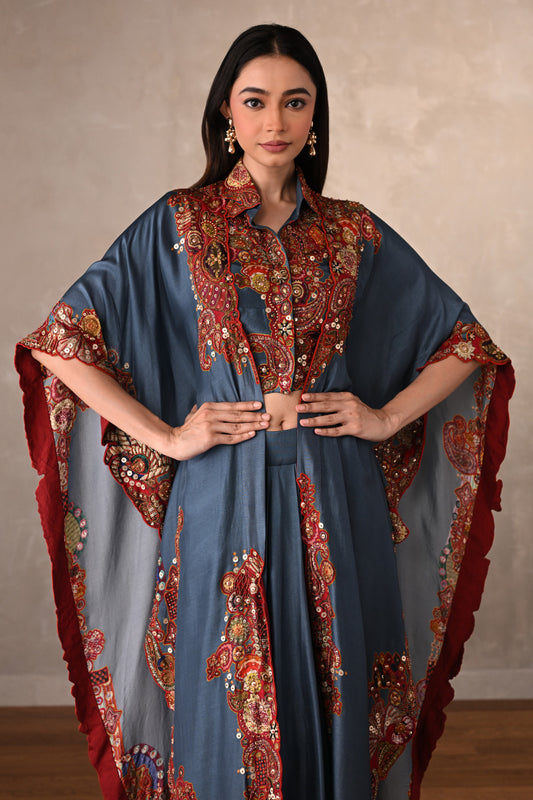 Blue Embroidered Kaftan Shirt & Drape Pant Co-Ord Set