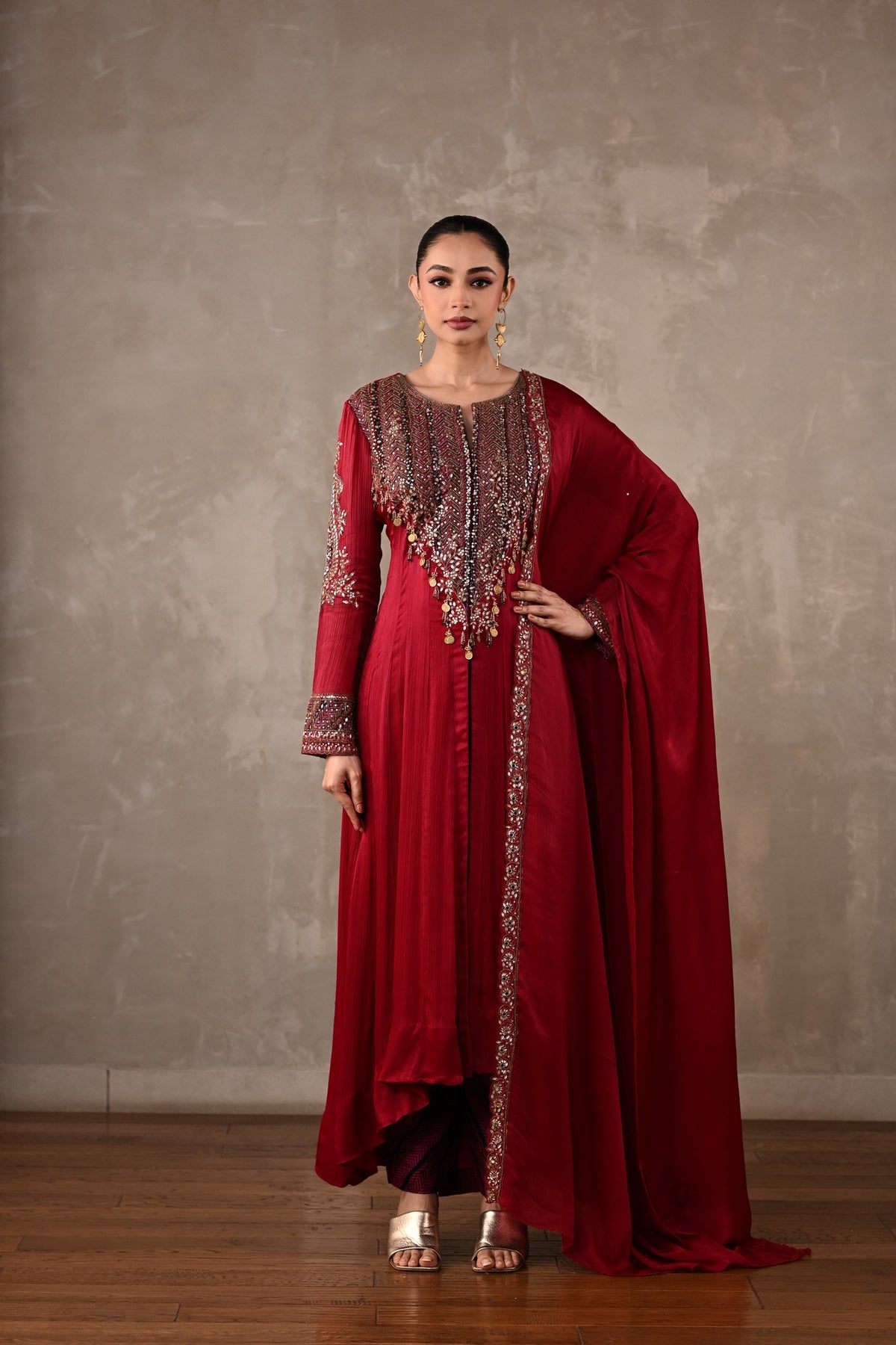 Embellished Satin Chiffon High-Low Kurta Set