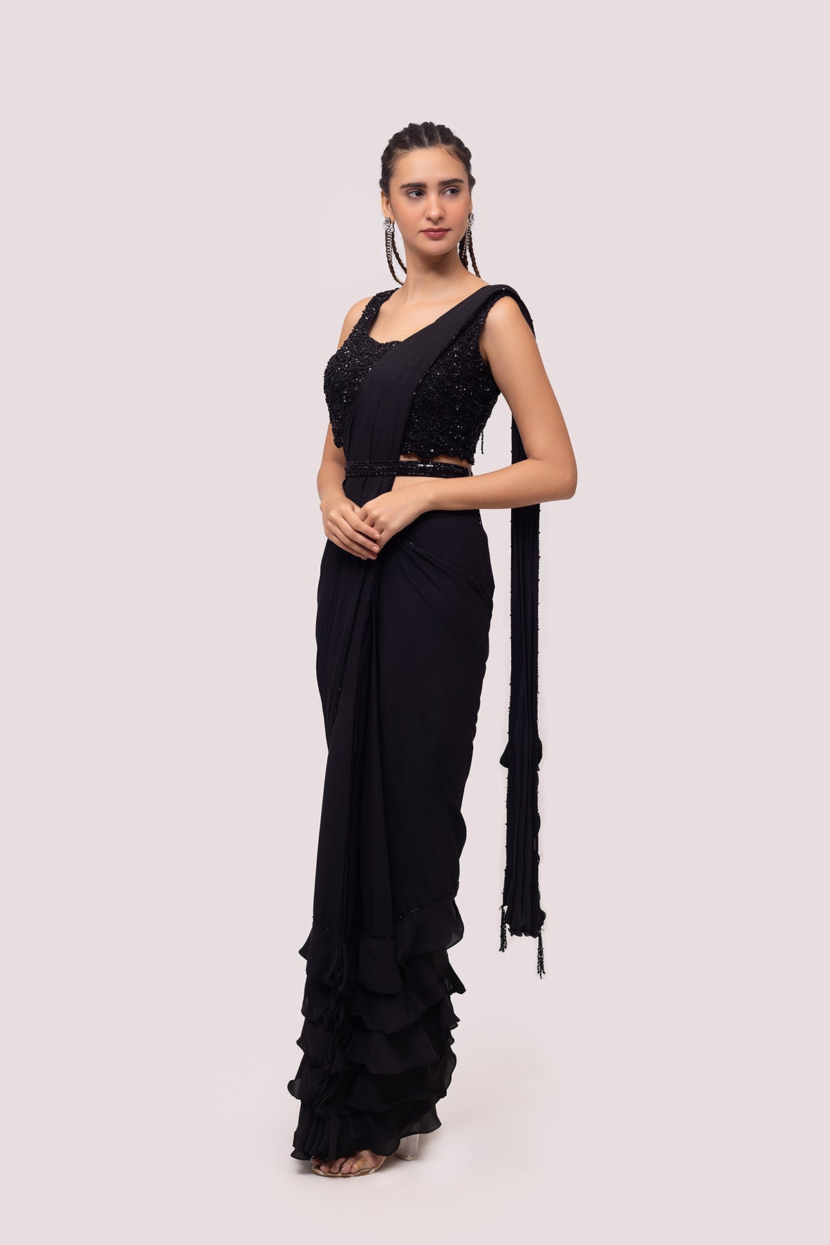 Black Georgette Drape Saree With Soft Ruffles