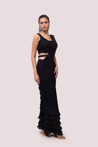Black Georgette Drape Saree With Soft Ruffles