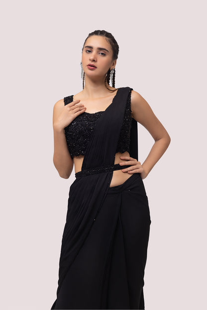 Black Georgette Drape Saree With Soft Ruffles