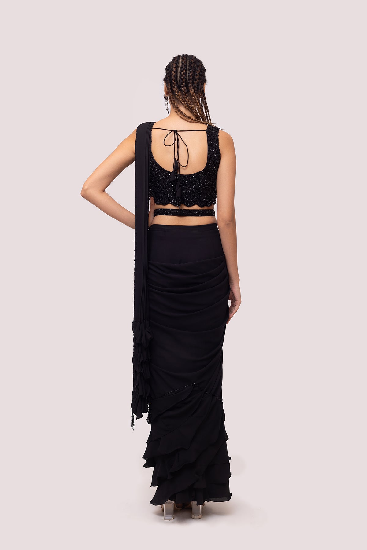 Black Georgette Drape Saree With Soft Ruffles