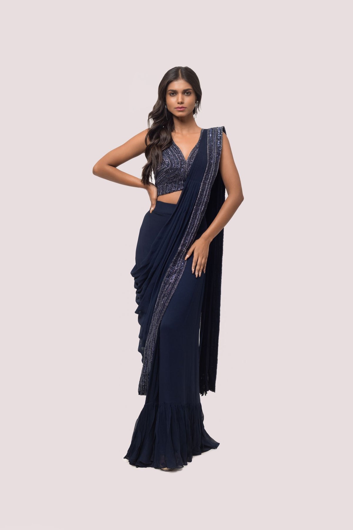 Prussian Blue Drape Saree With Soft Ruffles