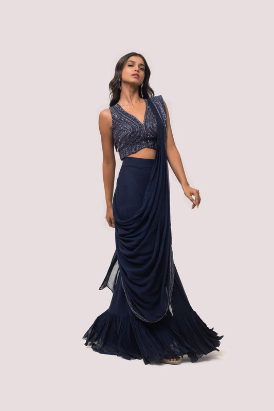 Prussian Blue Drape Saree With Soft Ruffles