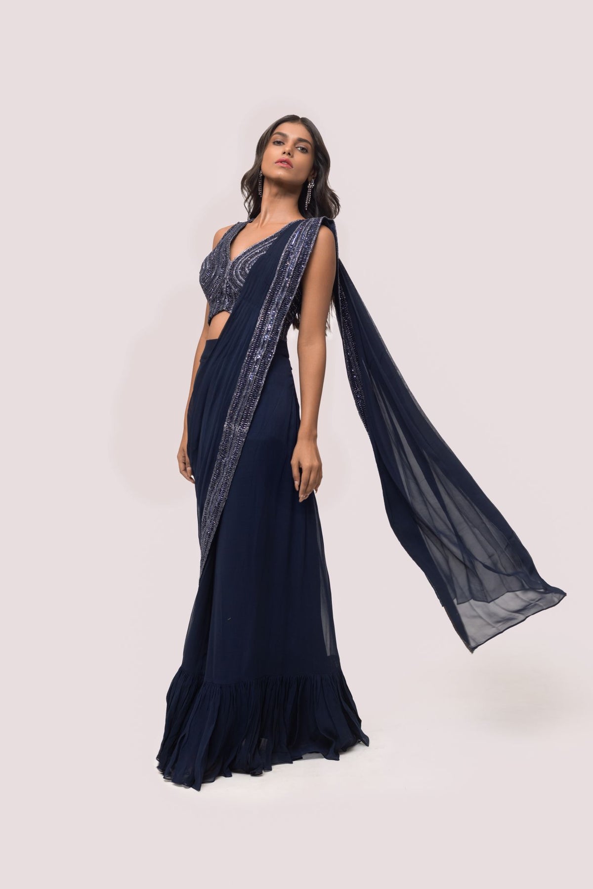 Prussian Blue Drape Saree With Soft Ruffles