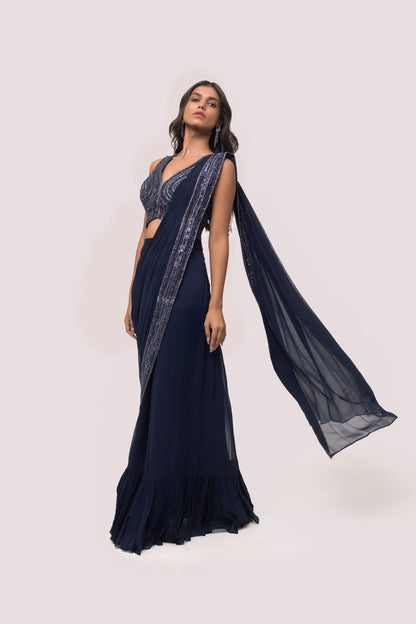 Prussian Blue Drape Saree With Soft Ruffles