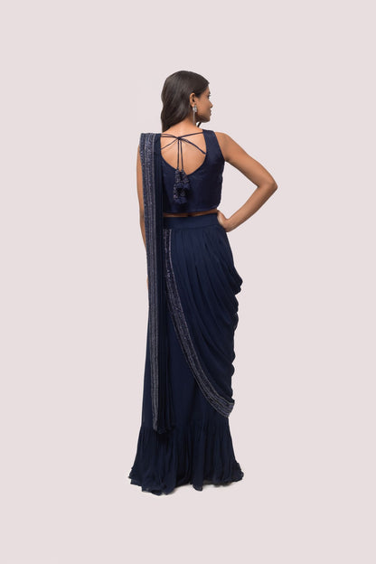 Prussian Blue Drape Saree With Soft Ruffles