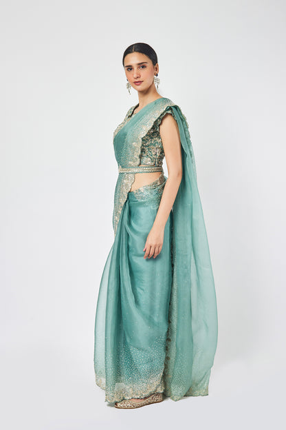 Fern Green Organza stone and cutdana work saree