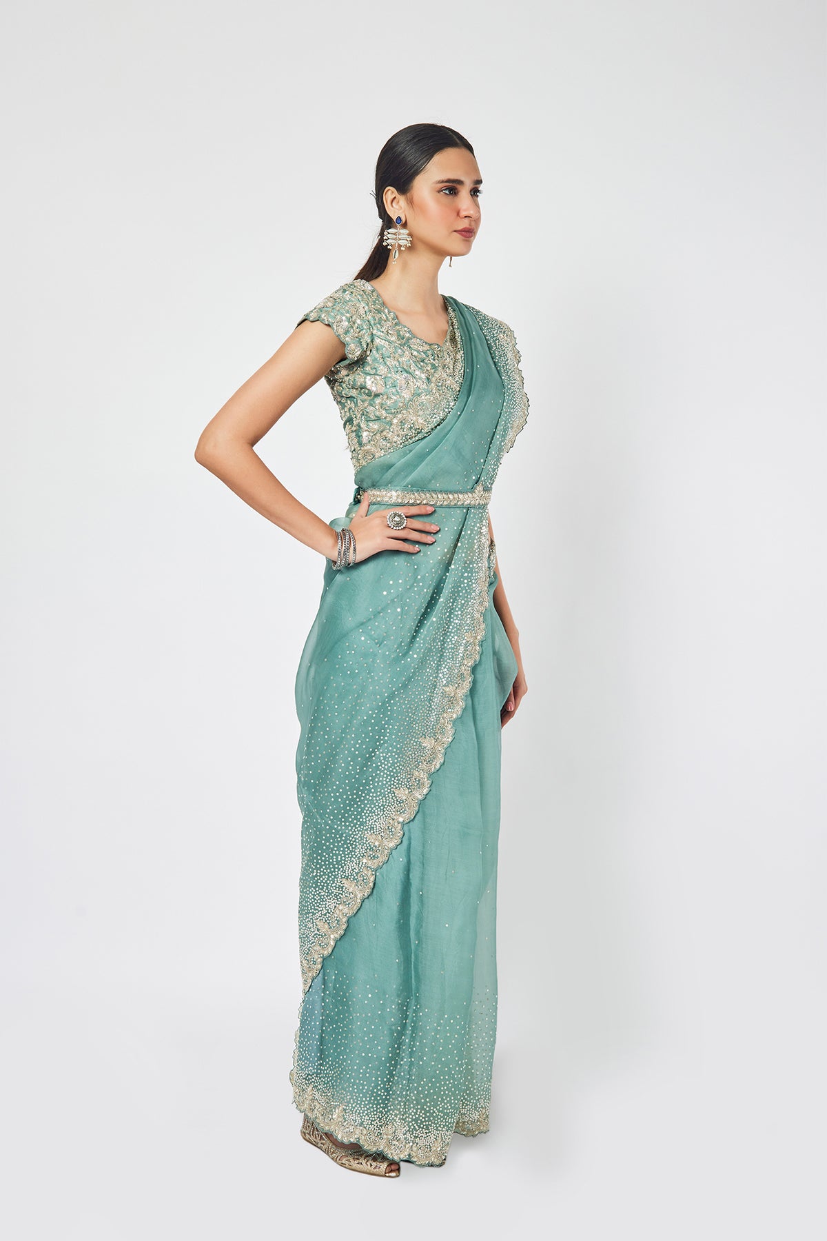 Fern Green Organza stone and cutdana work saree