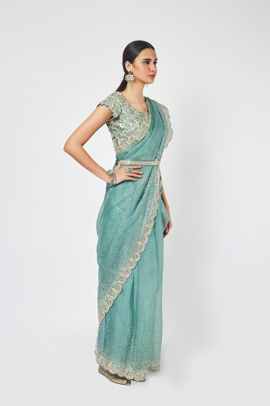 Fern Green Organza stone and cutdana work saree