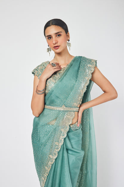 Fern Green Organza stone and cutdana work saree