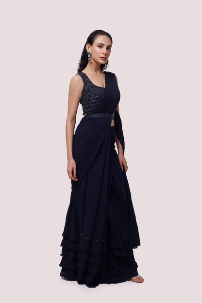 Navy Blue Georgette Drape Saree With Soft Ruffles