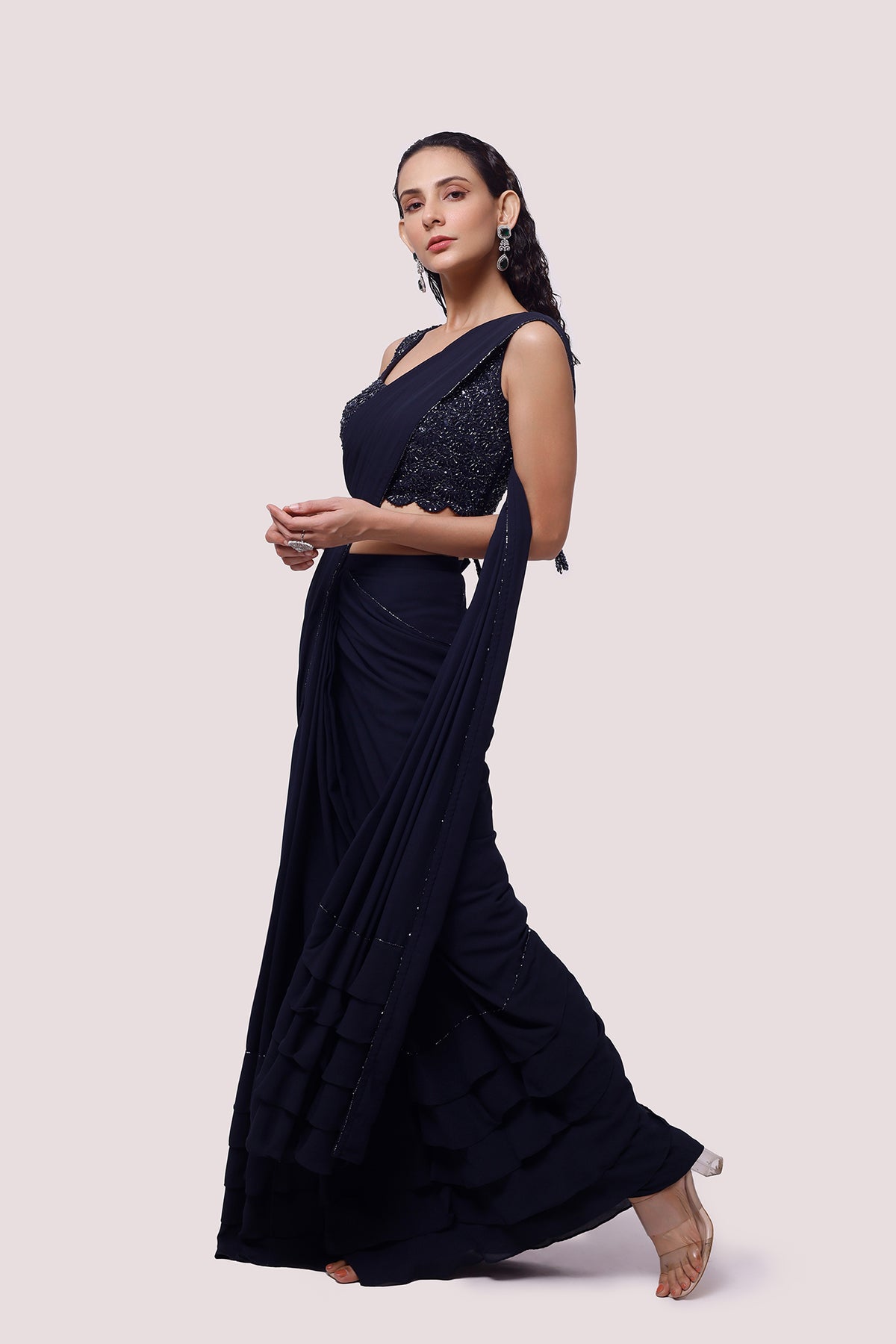 Navy Blue Georgette Drape Saree With Soft Ruffles