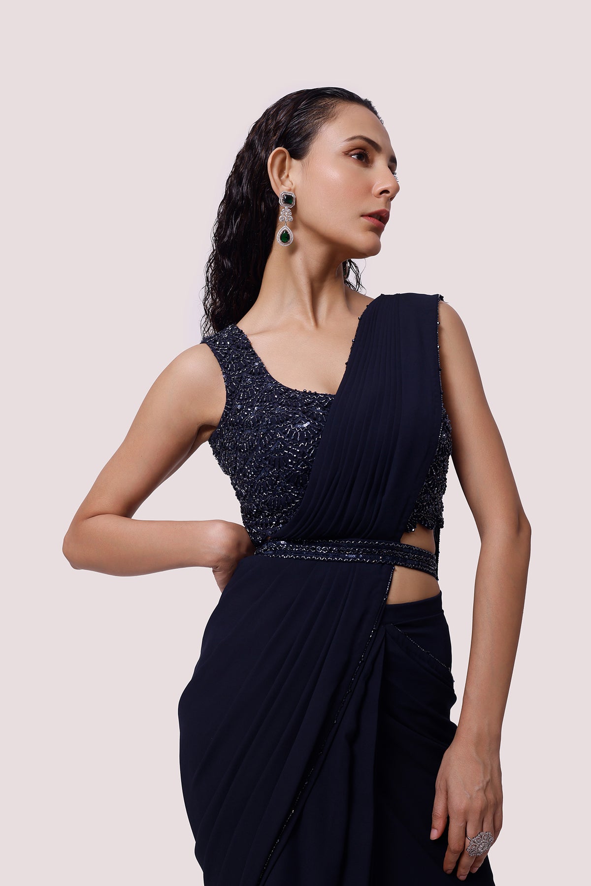 Navy Blue Georgette Drape Saree With Soft Ruffles