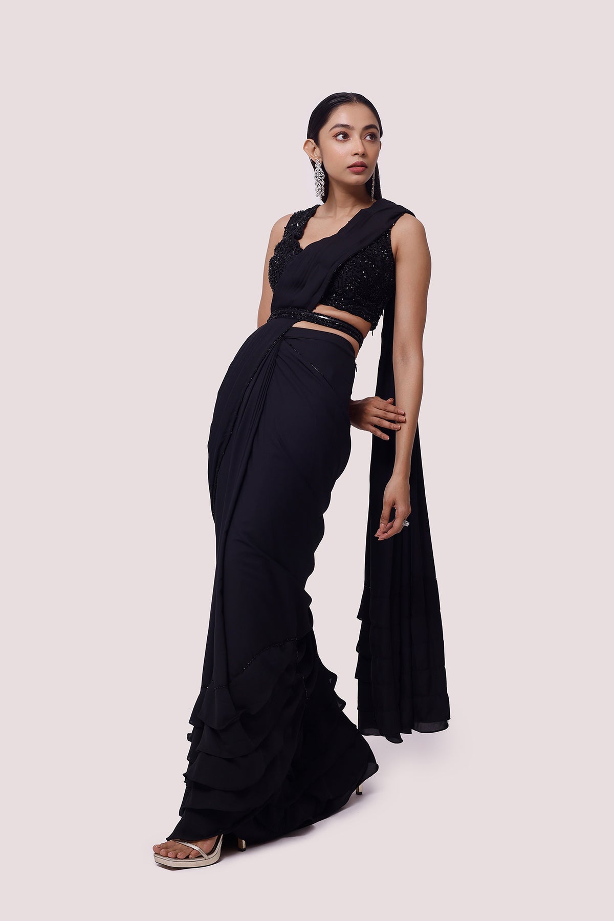 Midnight Black Embellished Drape Saree