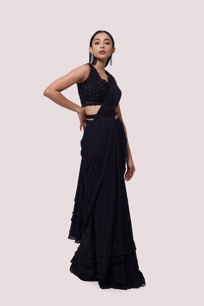 Midnight Black Embellished Drape Saree