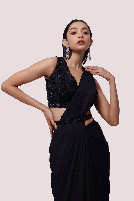 Midnight Black Embellished Drape Saree