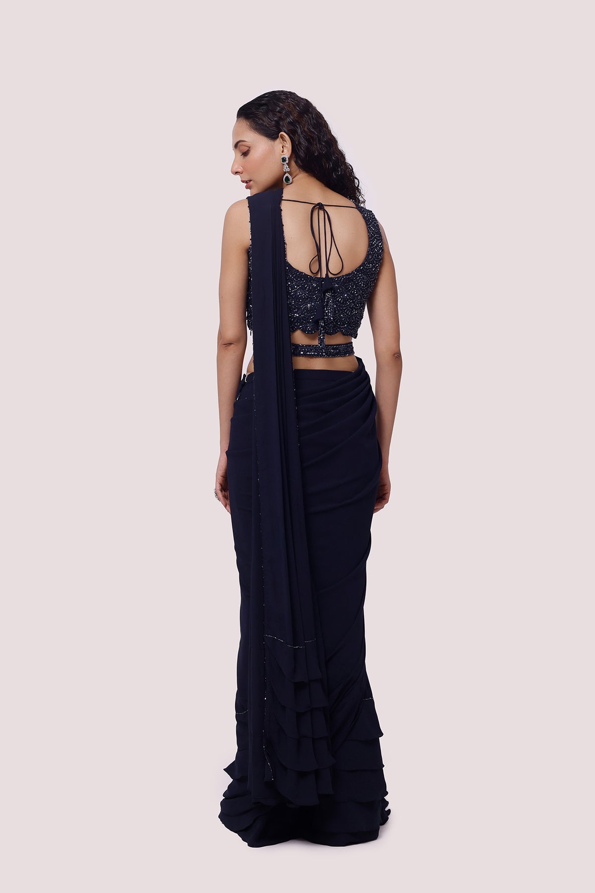 Navy Blue Georgette Drape Saree With Soft Ruffles