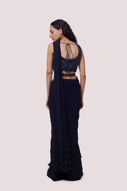 Navy Blue Georgette Drape Saree With Soft Ruffles