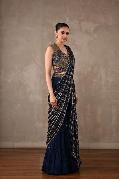 Printed Embroidered Drape Saree Set
