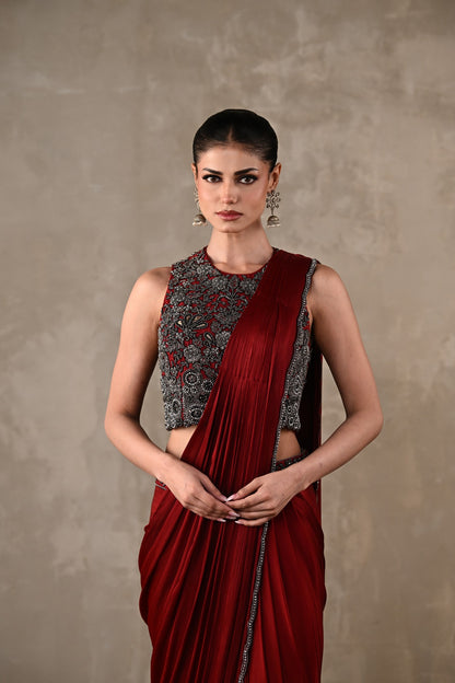Maroon Embroidered Drape Saree Set