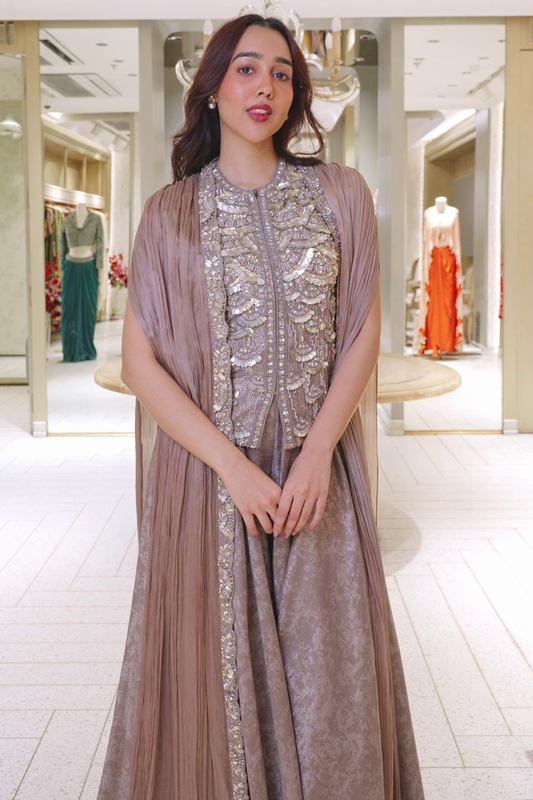 Light Brown Embroidered Cape Set