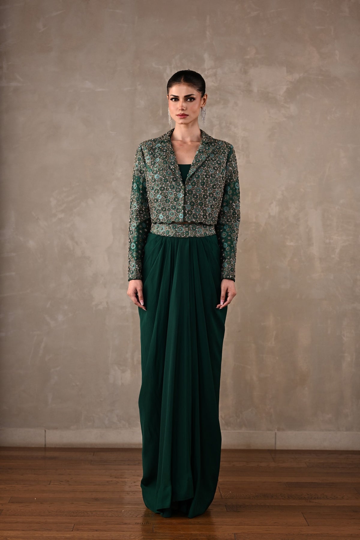 Embellished Crepe Drape Skirt & Cropped Jacket Set