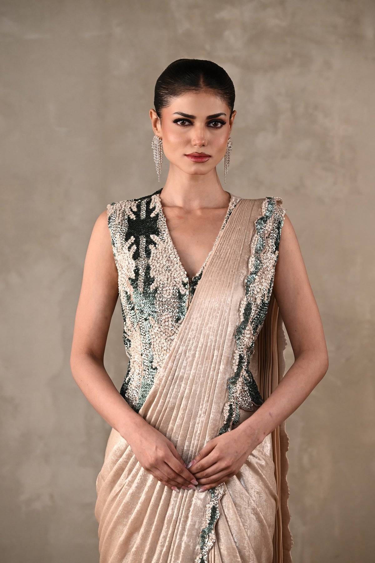 Sequins Cascade Drape Saree Set
