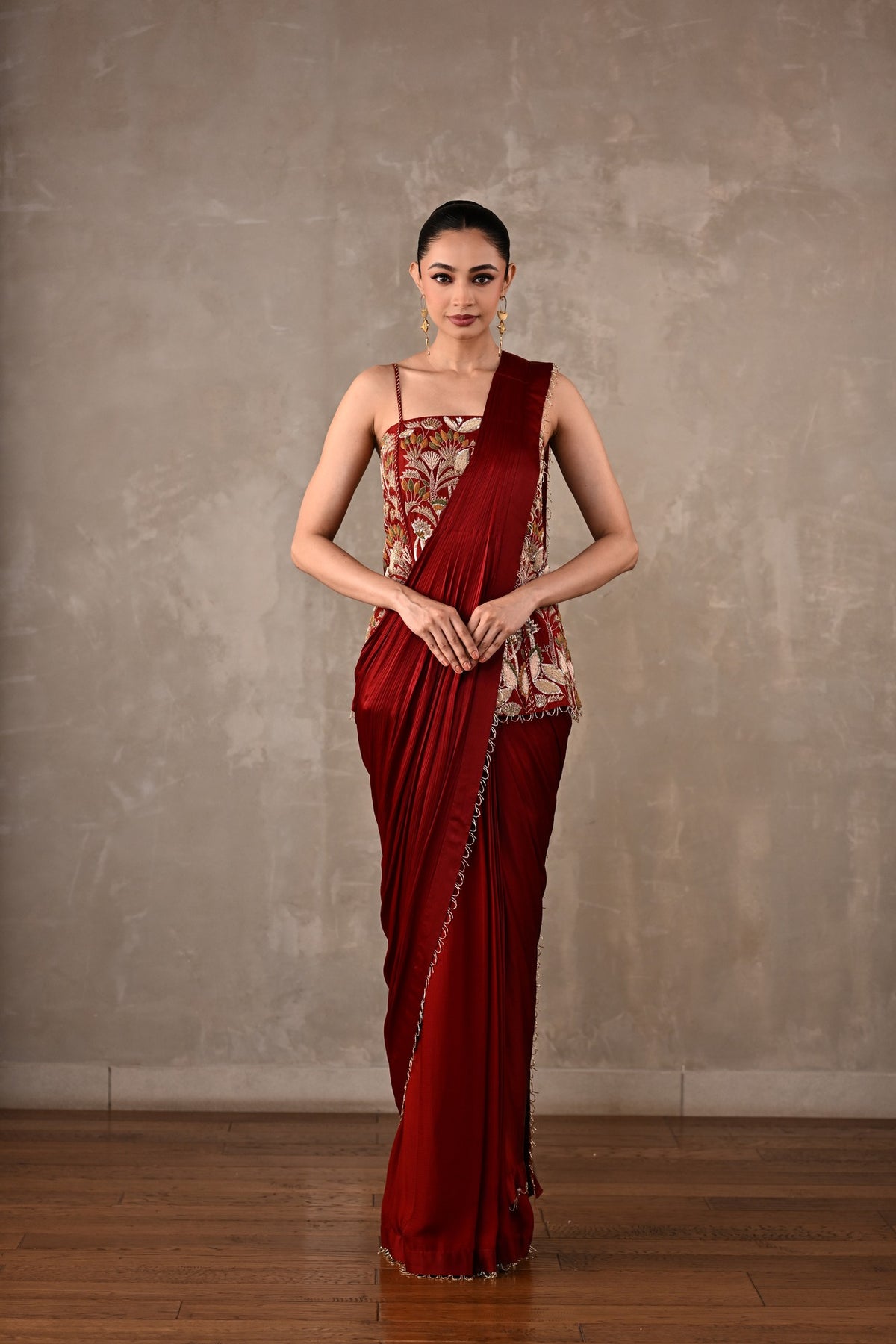 Floral Thread Embroidered Drape Saree Set