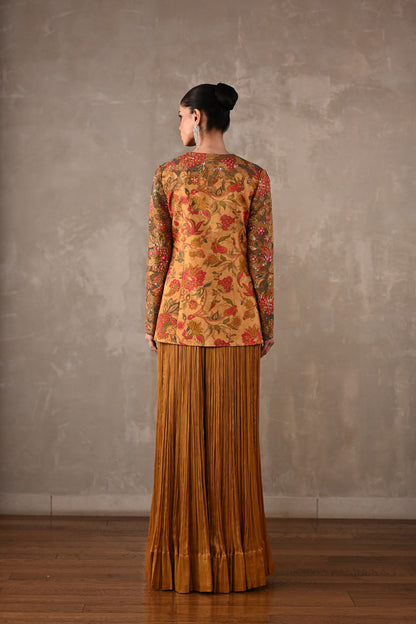 Embellished Floral Jacket & Pleated Palazzo Set
