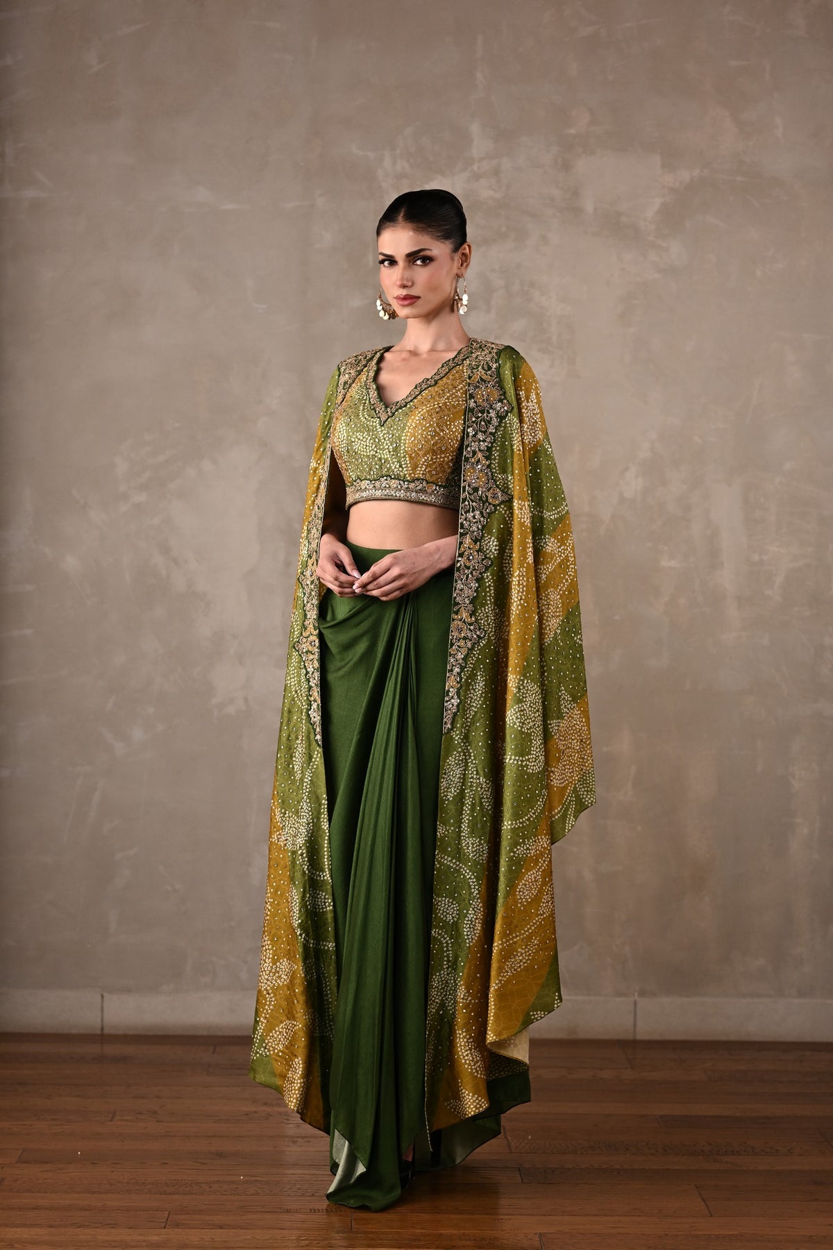Embellished Silk Cape & Drape Skirt Set