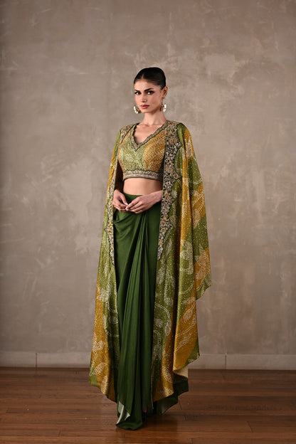 Embellished Silk Cape & Drape Skirt Set