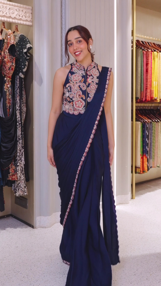 Purple Halter Neck Drape Saree