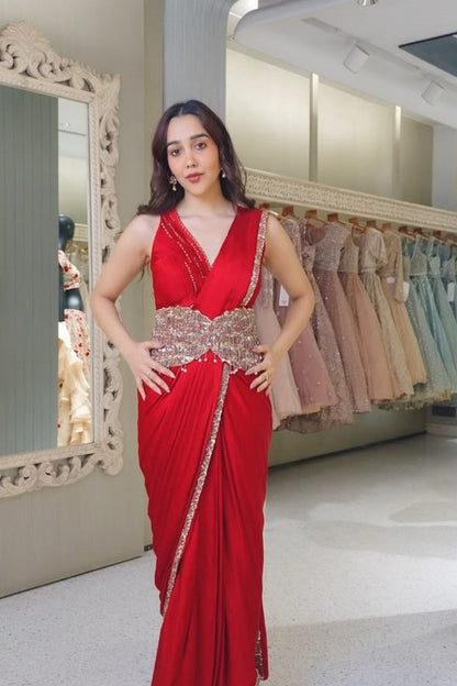 Pre-Draped Saree with Embellished Corset Belt