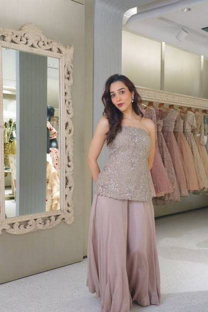 Embellished Corset Top with Flowing Wide-Leg Pants