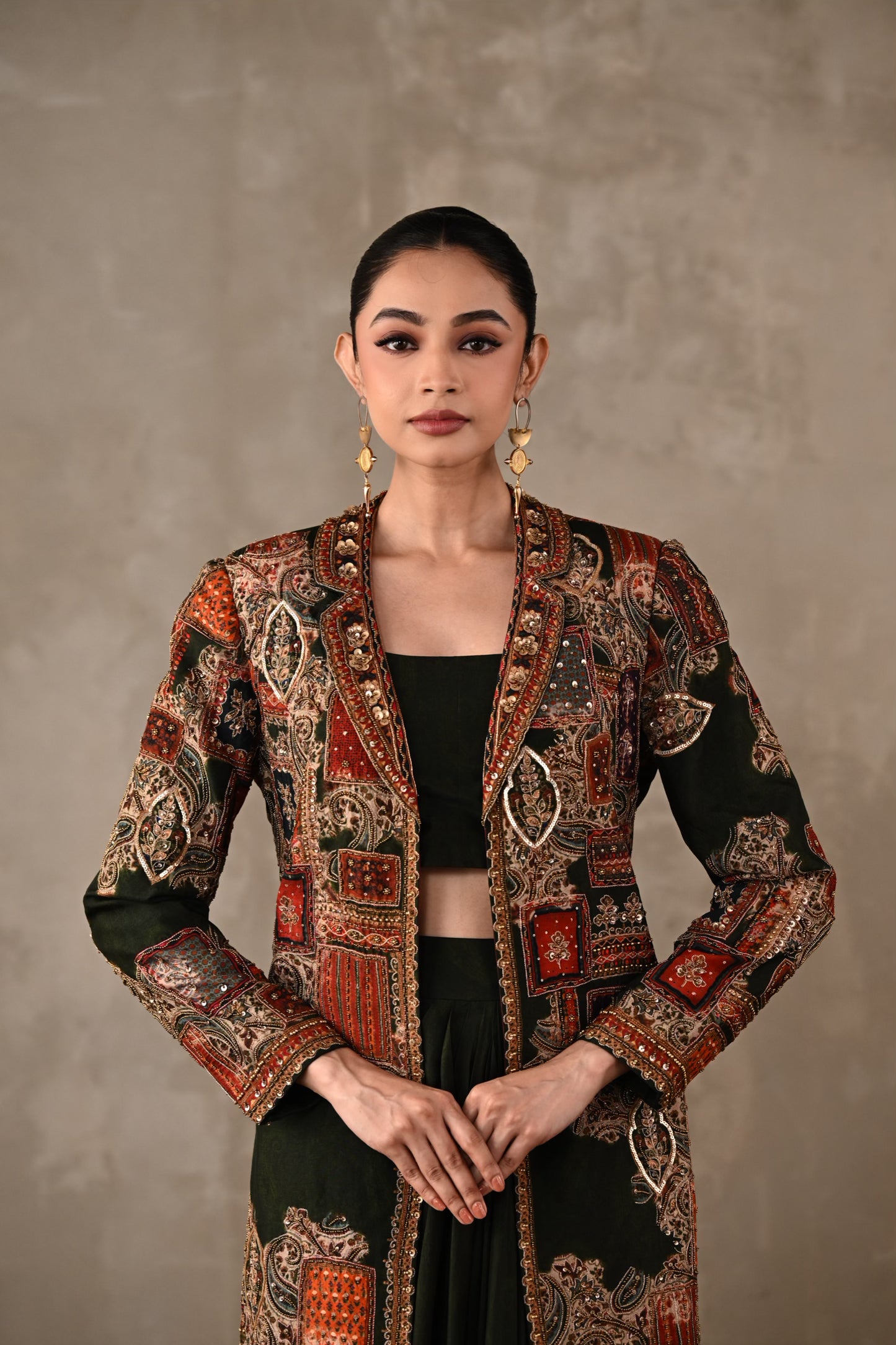 Patchwork-Inspired Long Jacket Skirt Set