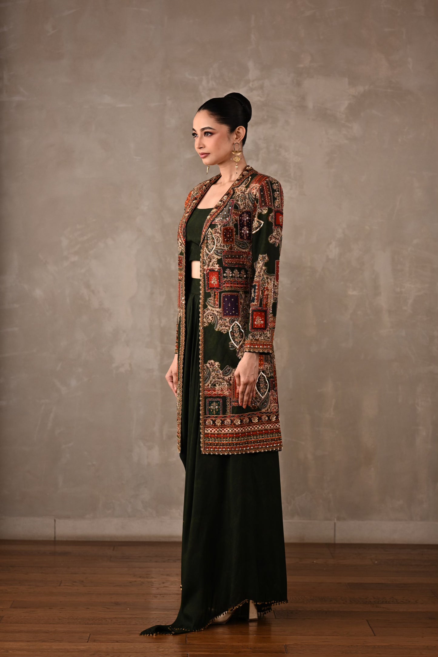Patchwork-Inspired Long Jacket Skirt Set