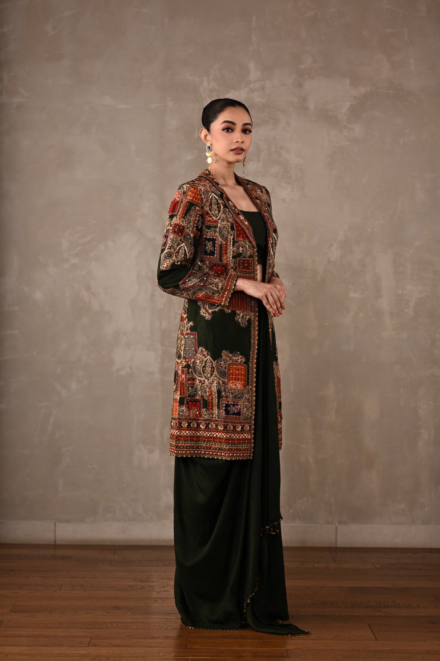Patchwork-Inspired Long Jacket Skirt Set