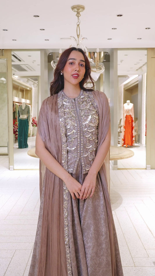 Light Brown Embroidered Cape Set