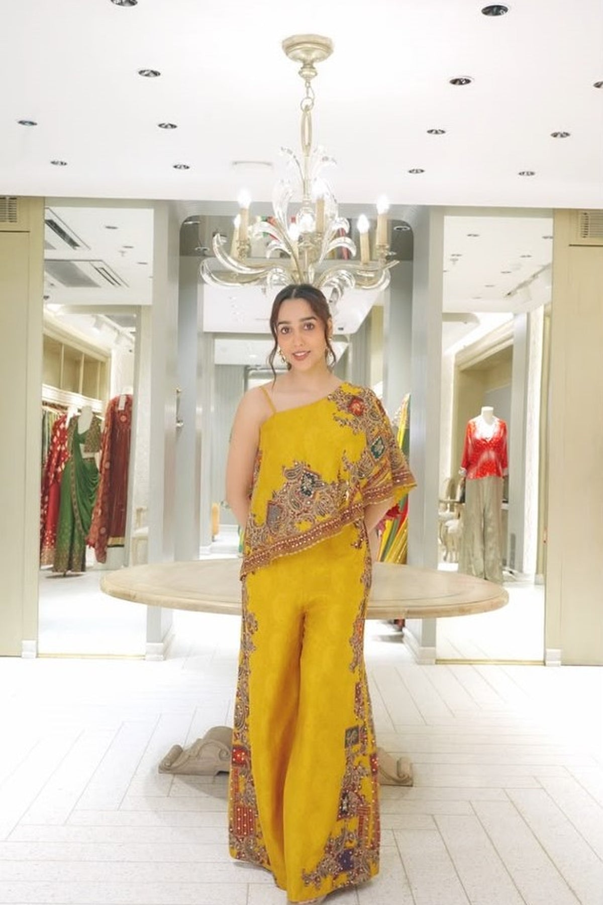 One-Shoulder Draped Top with Wide-Leg Trousers