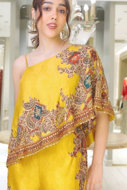 One-Shoulder Draped Top with Wide-Leg Trousers
