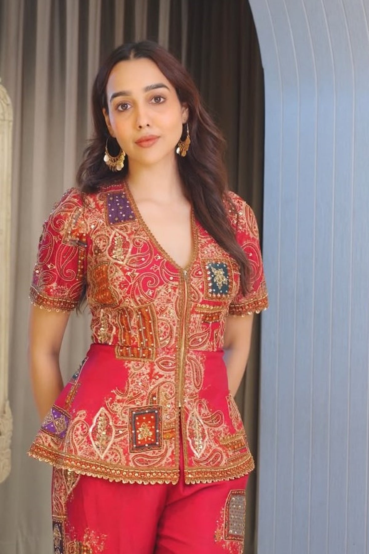 Embellished V-Neck Peplum Top with Wide-Leg Trousers