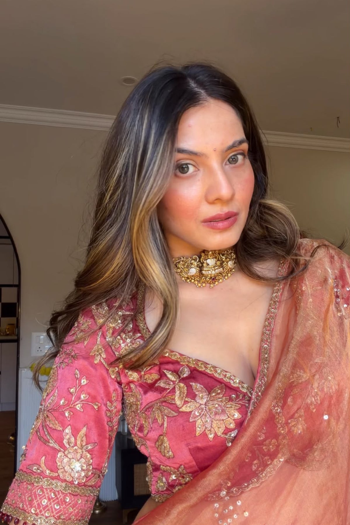 Embellished Saree with V-Neck Blouse