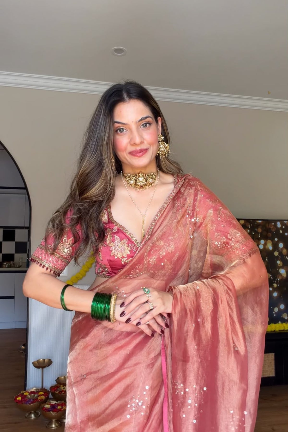 Embellished Saree with V-Neck Blouse