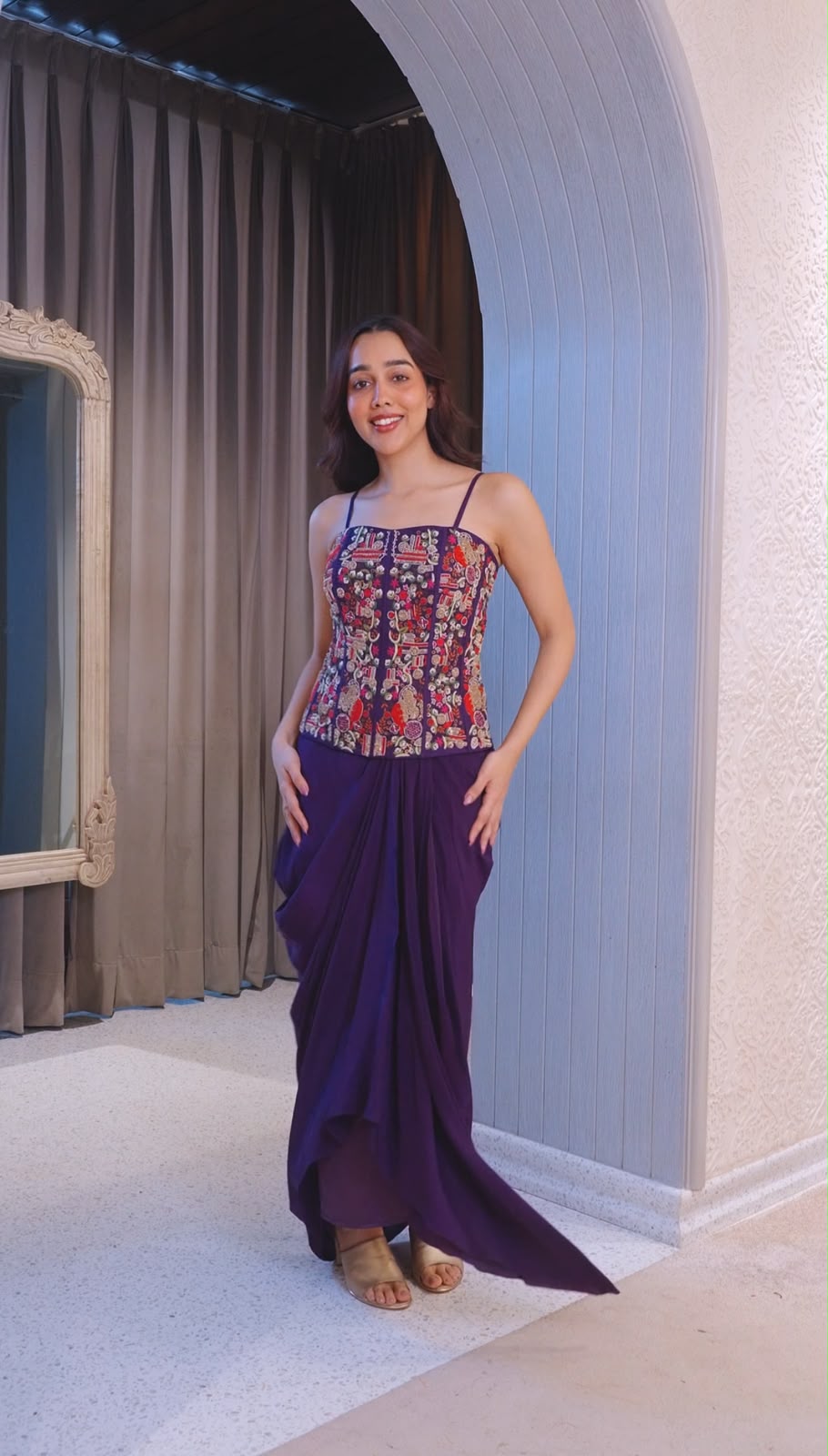 Embroidered Draped Cape Set