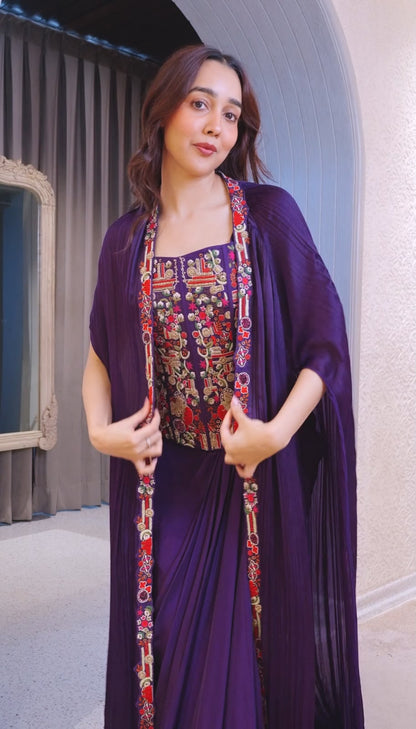 Embroidered Draped Cape Set