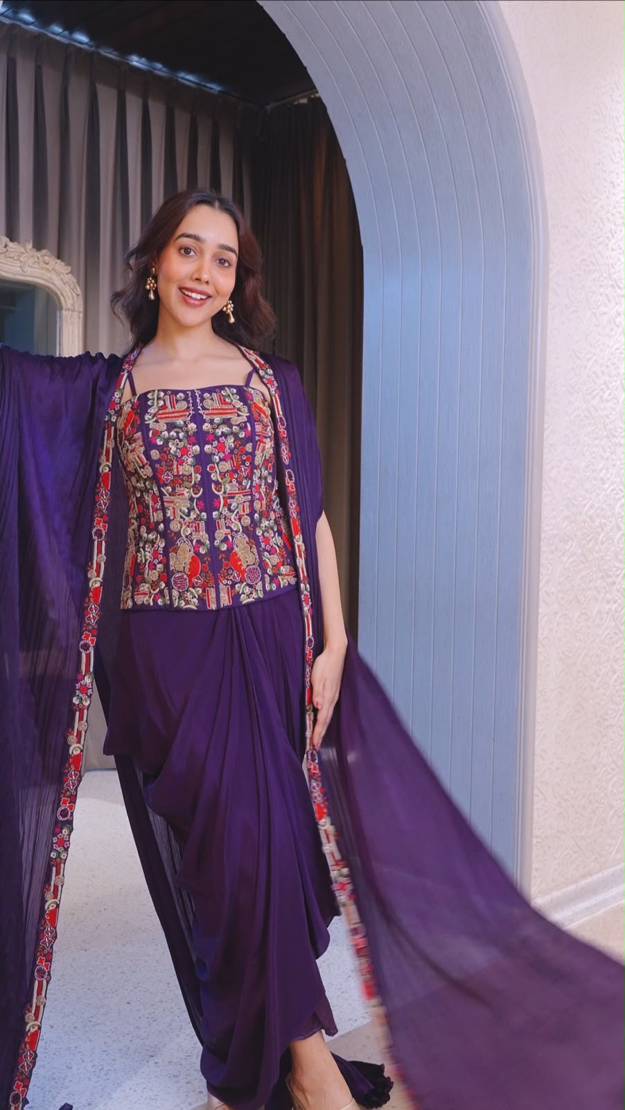 Embroidered Draped Cape Set