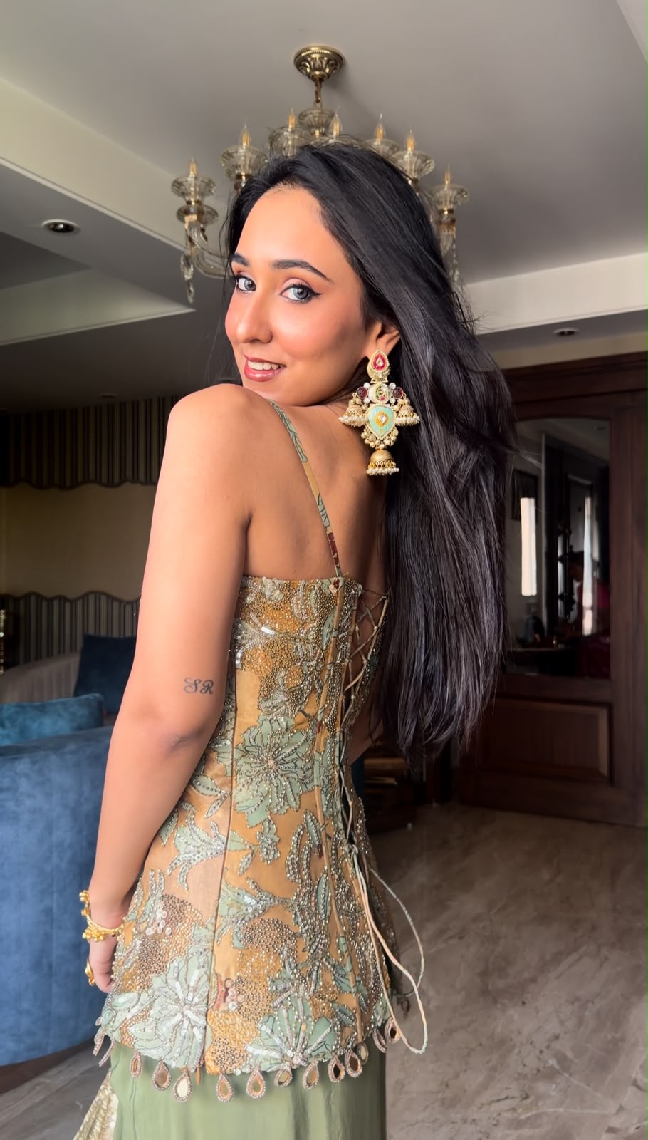 Gold-Green Embellished Corset Set
